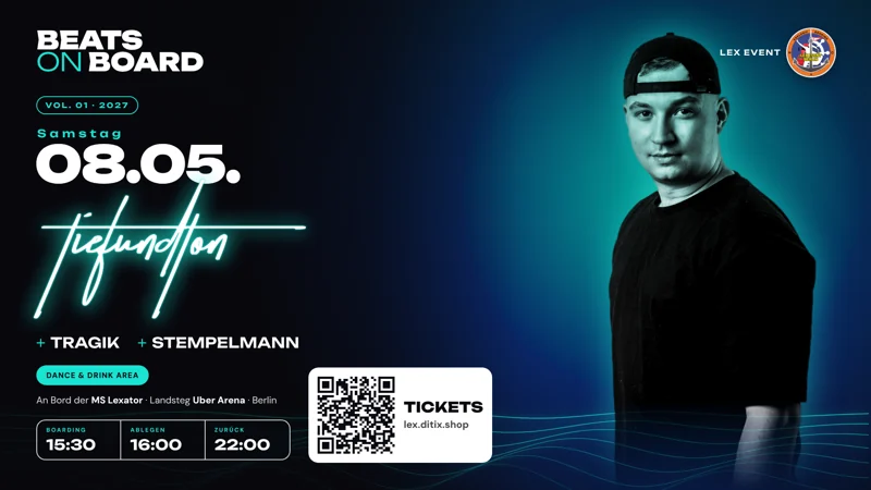 Flyer Beats on Board Vol. 01 am 08.05.2027 – Party auf der MS Lexator in Berlin