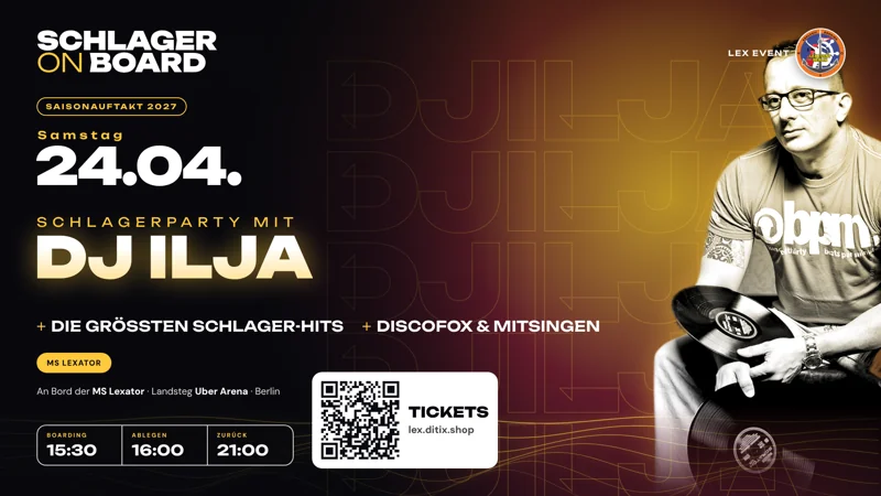 Flyer Schlager on Board · Saisonauftakt am 24.04.2027 – Party auf der MS Lexator in Berlin