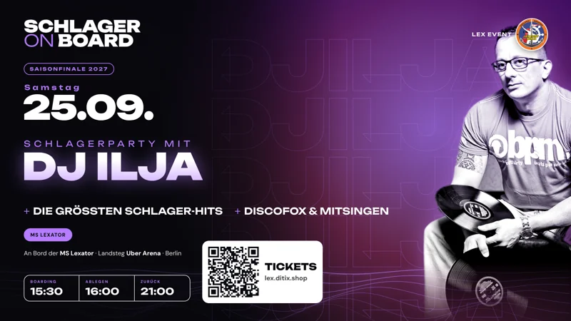Flyer Schlager on Board · Saisonfinale am 25.09.2027 – Party auf der MS Lexator in Berlin